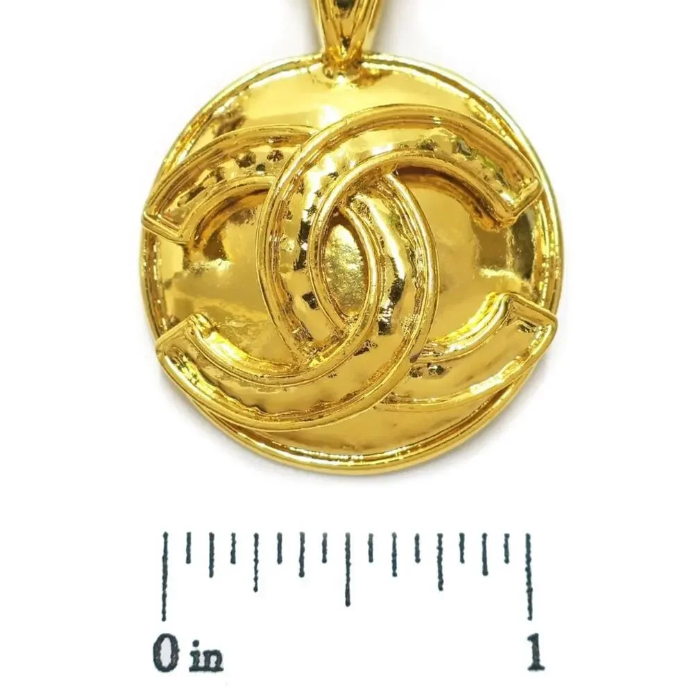 CHANEL Gold Plated CC Logos Round Charm Vintage Necklace Pendant